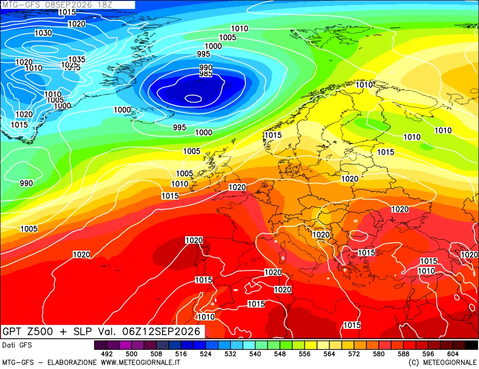 mappa GFS: Geopotenziale a 500 hPa + Pressione sul livello del mare