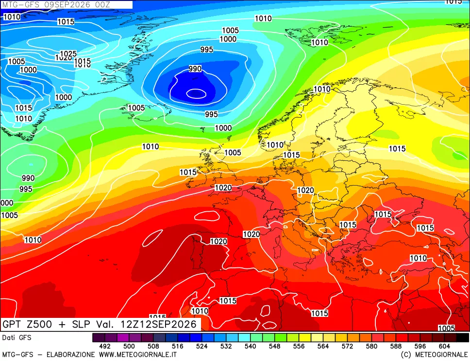 mappa GFS: Geopotenziale a 500 hPa + Pressione sul livello del mare