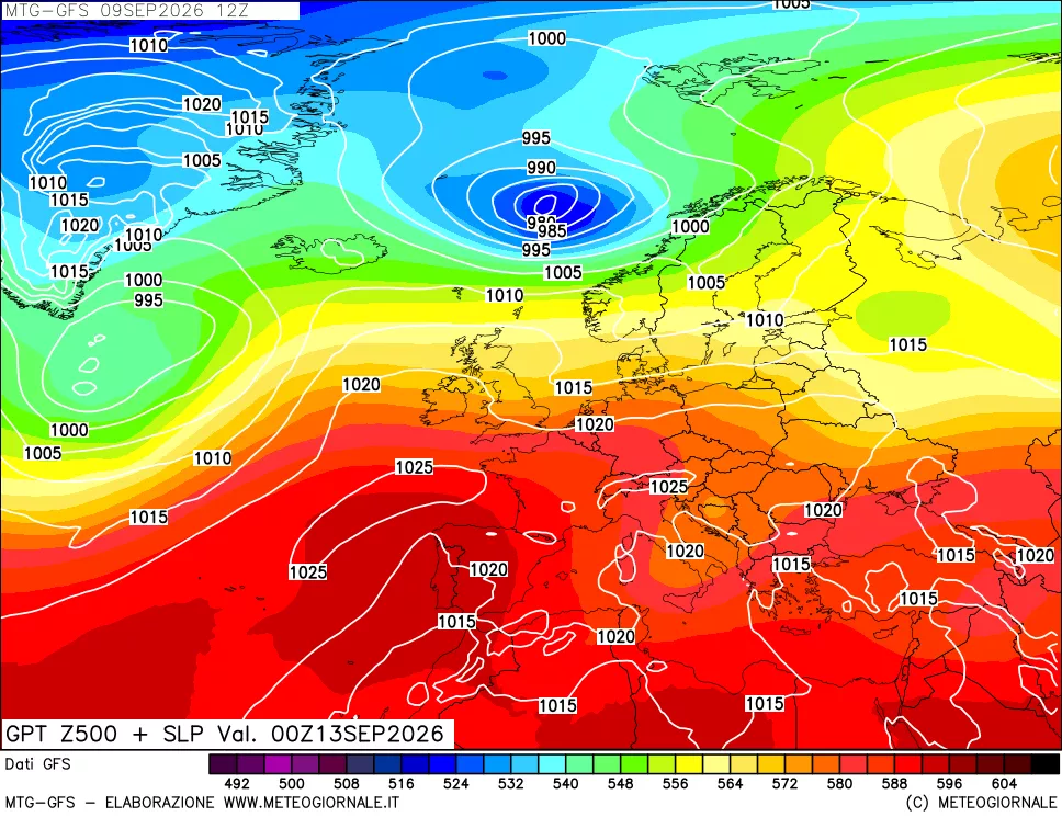 mappa GFS: Geopotenziale a 500 hPa + Pressione sul livello del mare