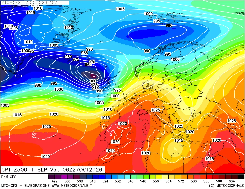 mappa GFS: Geopotenziale a 500 hPa + Pressione sul livello del mare