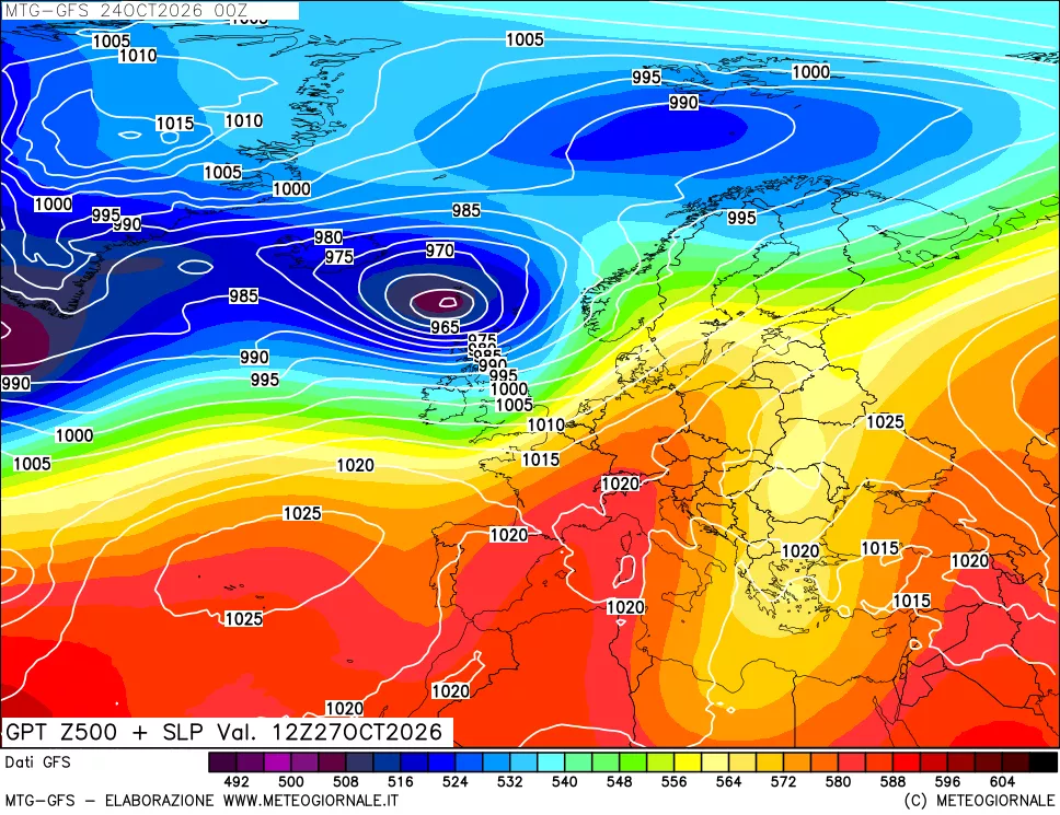 mappa GFS: Geopotenziale a 500 hPa + Pressione sul livello del mare