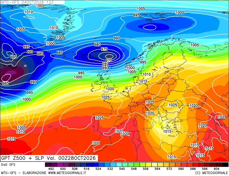mappa GFS: Geopotenziale a 500 hPa + Pressione sul livello del mare