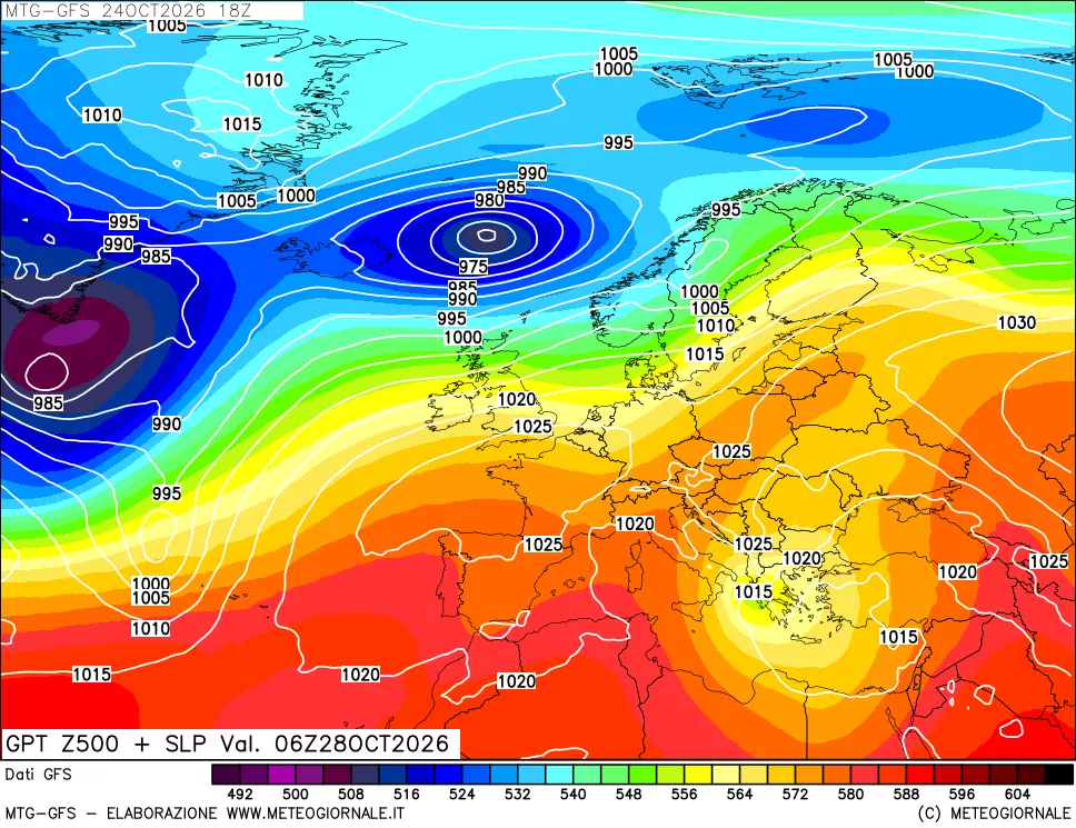 mappa GFS: Geopotenziale a 500 hPa + Pressione sul livello del mare