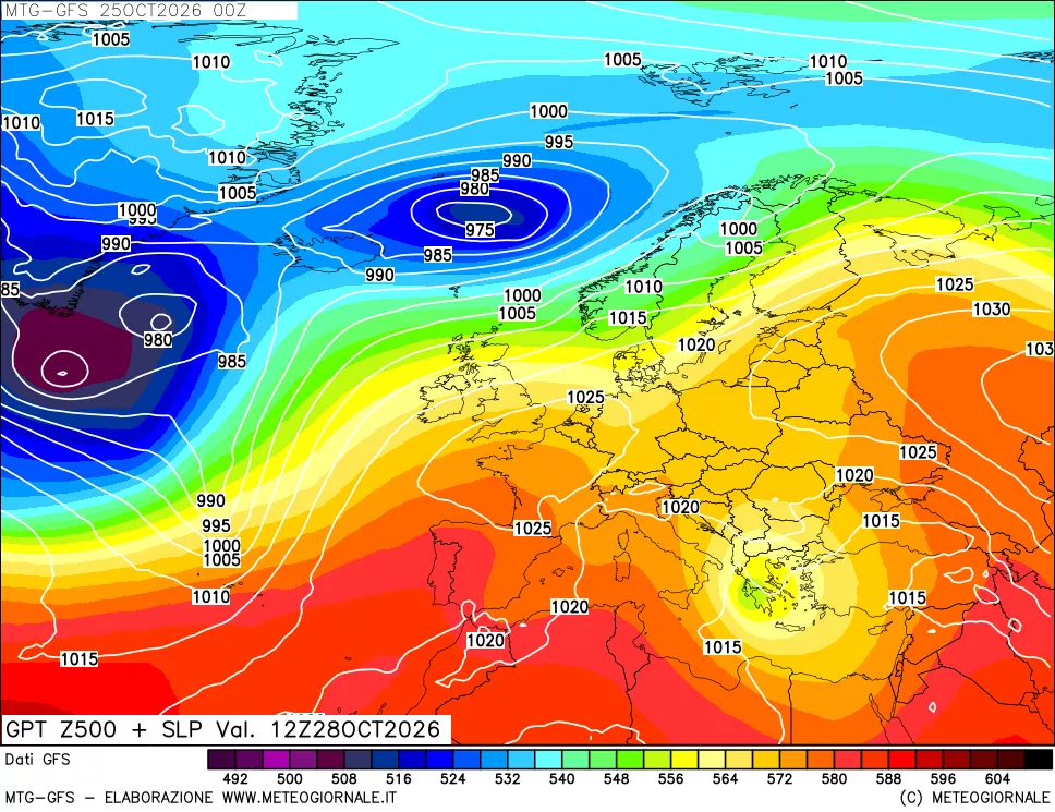 mappa GFS: Geopotenziale a 500 hPa + Pressione sul livello del mare