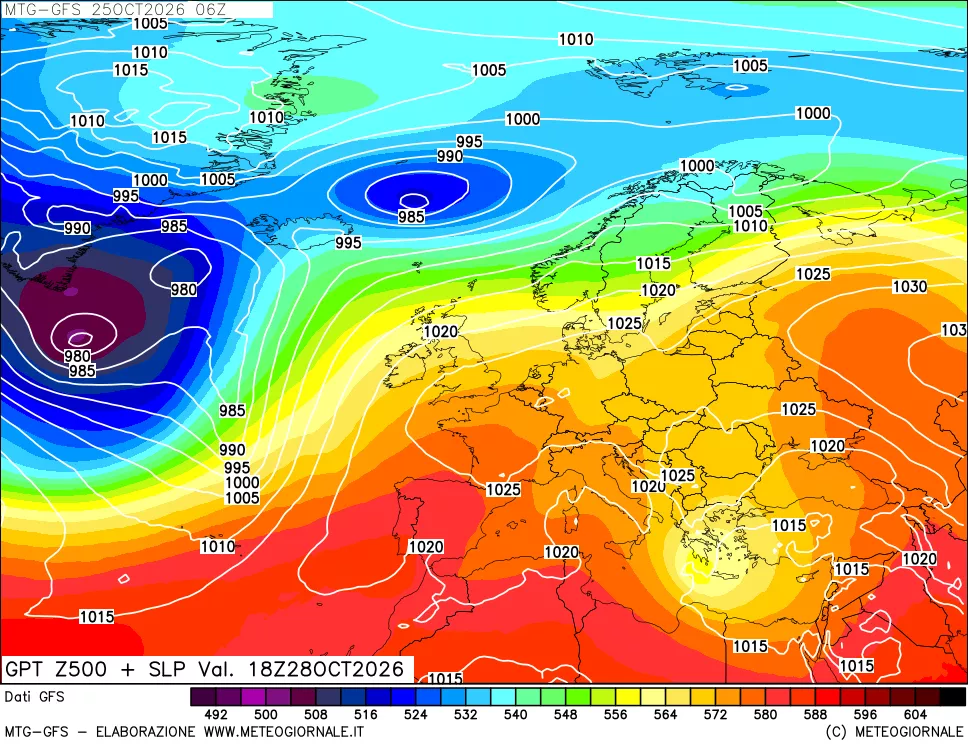 mappa GFS: Geopotenziale a 500 hPa + Pressione sul livello del mare