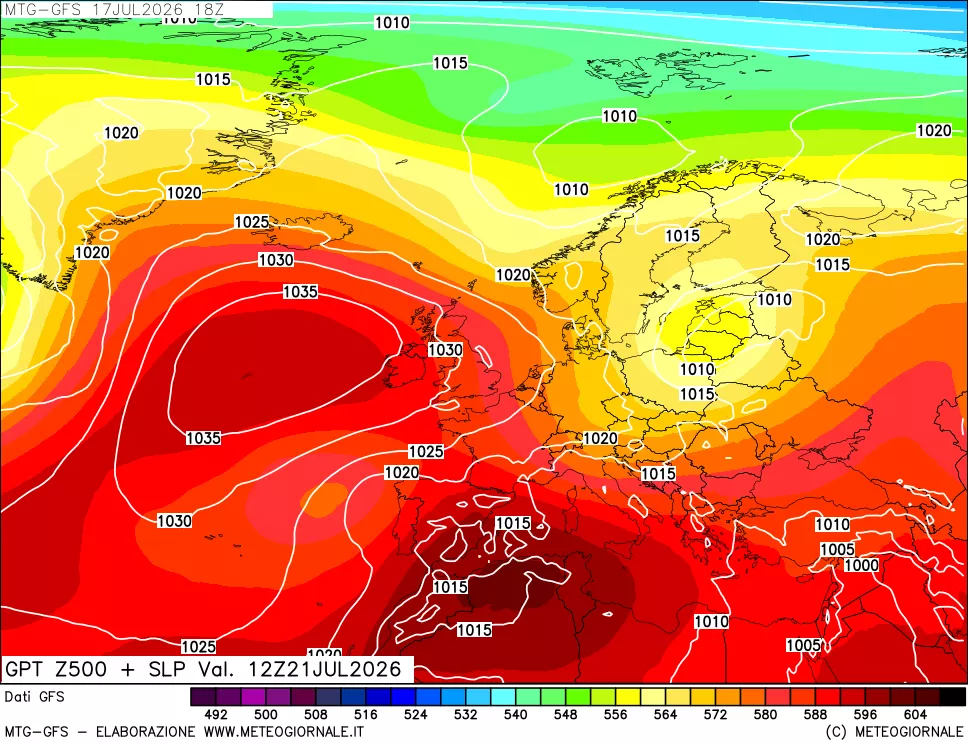 mappa GFS: Geopotenziale a 500 hPa + Pressione sul livello del mare