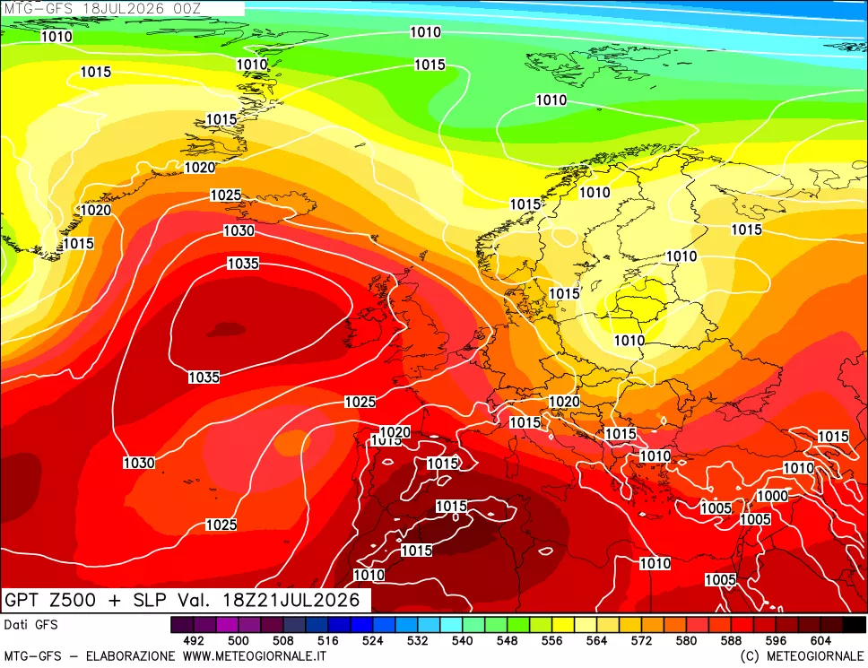 mappa GFS: Geopotenziale a 500 hPa + Pressione sul livello del mare