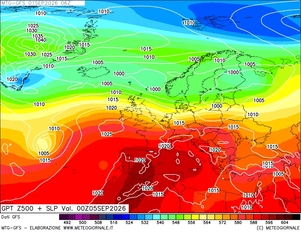 mappa GFS: Geopotenziale a 500 hPa + Pressione sul livello del mare
