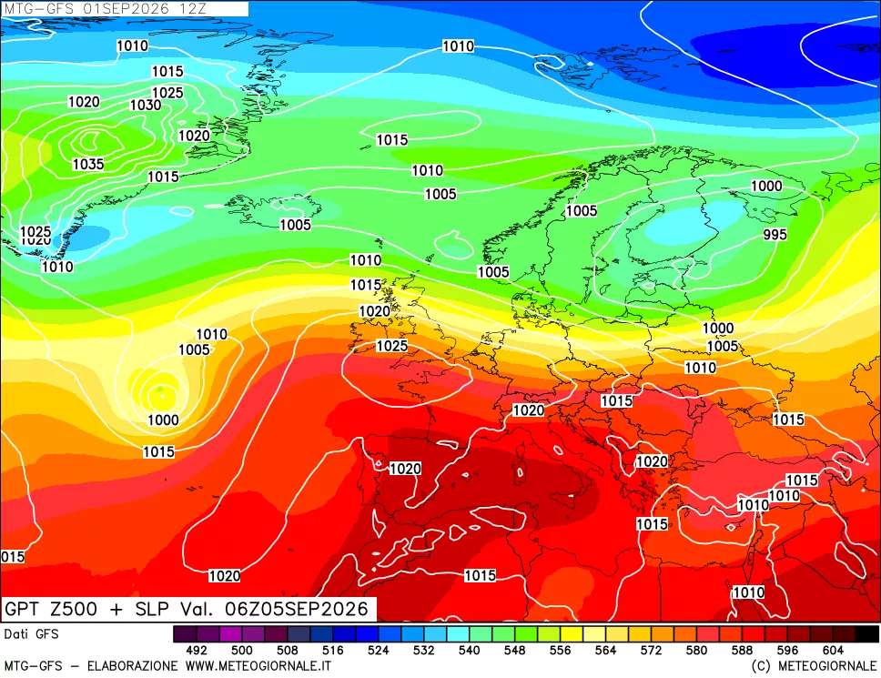 mappa GFS: Geopotenziale a 500 hPa + Pressione sul livello del mare