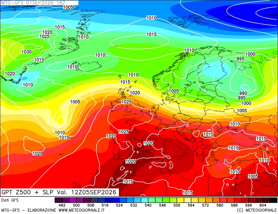 mappa GFS: Geopotenziale a 500 hPa + Pressione sul livello del mare