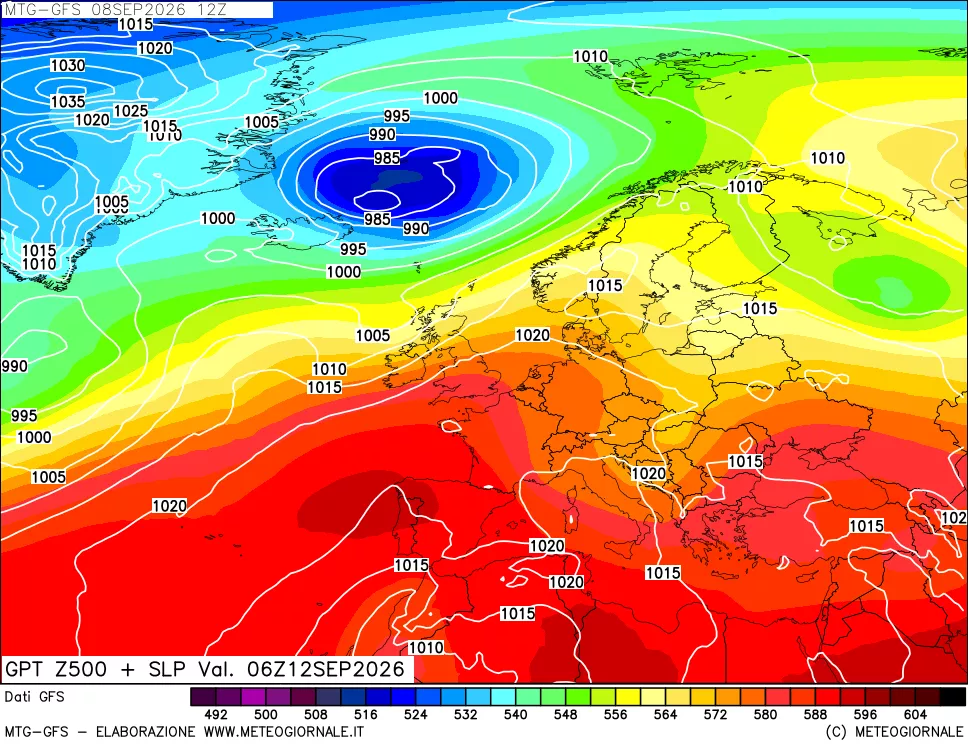 mappa GFS: Geopotenziale a 500 hPa + Pressione sul livello del mare