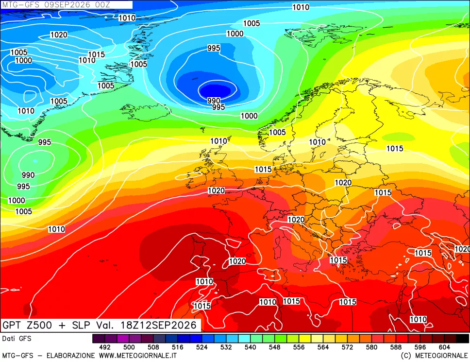 mappa GFS: Geopotenziale a 500 hPa + Pressione sul livello del mare