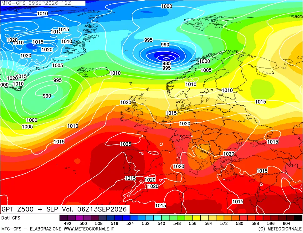 mappa GFS: Geopotenziale a 500 hPa + Pressione sul livello del mare