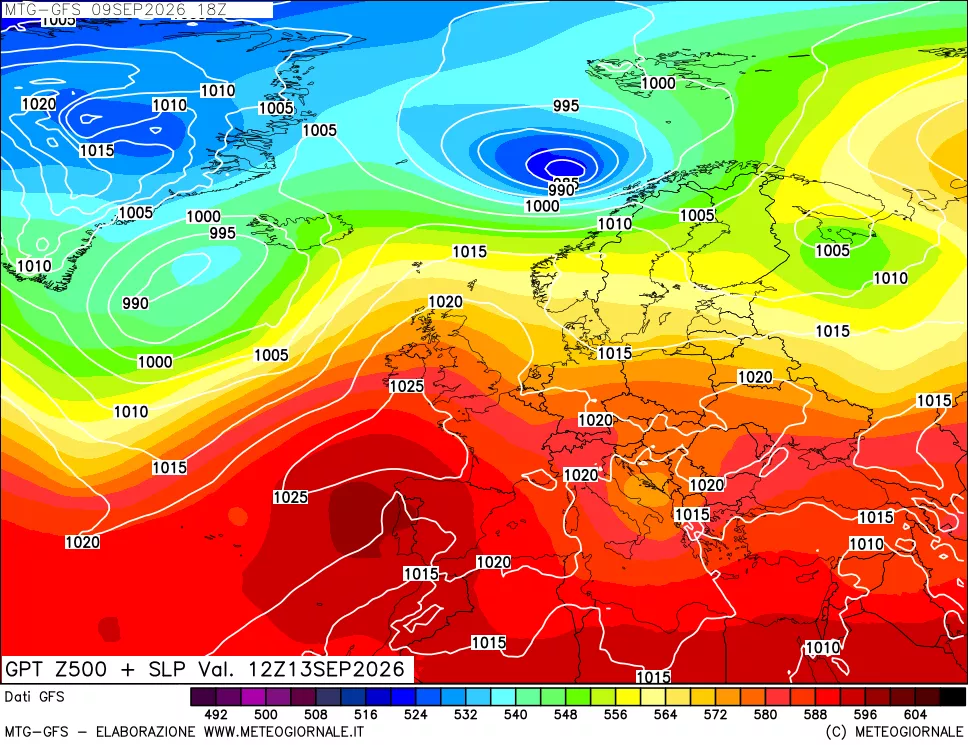 mappa GFS: Geopotenziale a 500 hPa + Pressione sul livello del mare