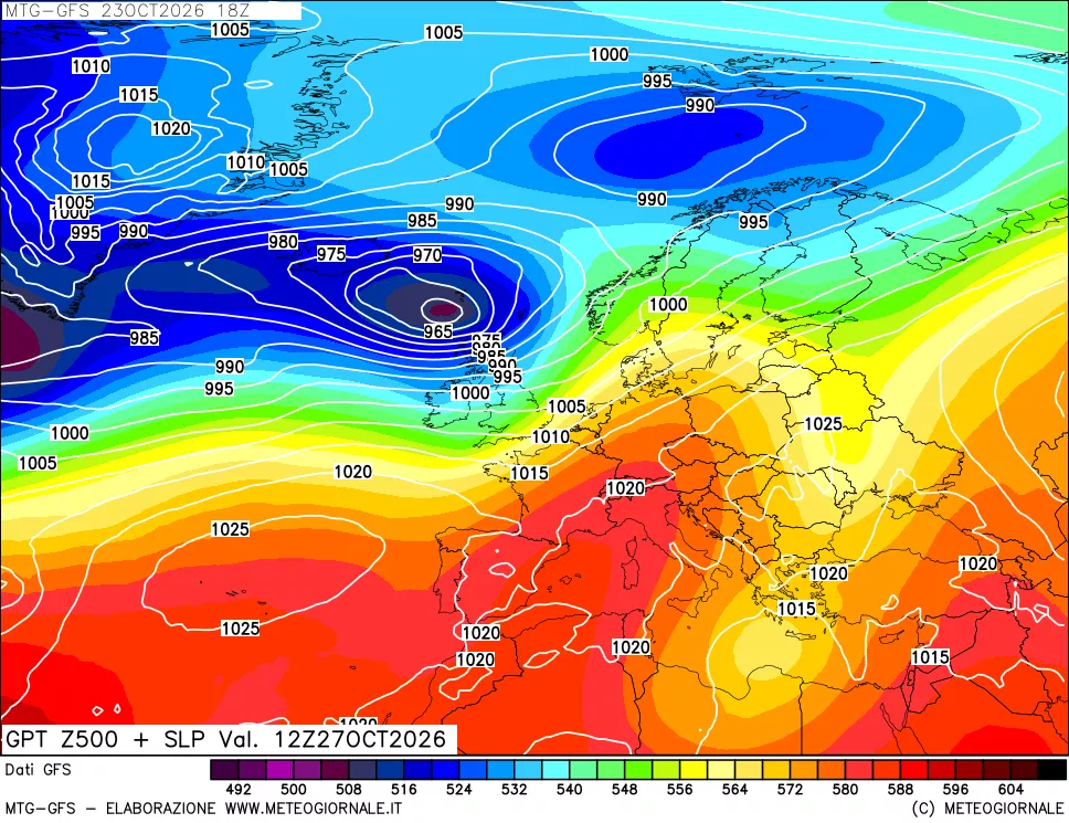 mappa GFS: Geopotenziale a 500 hPa + Pressione sul livello del mare