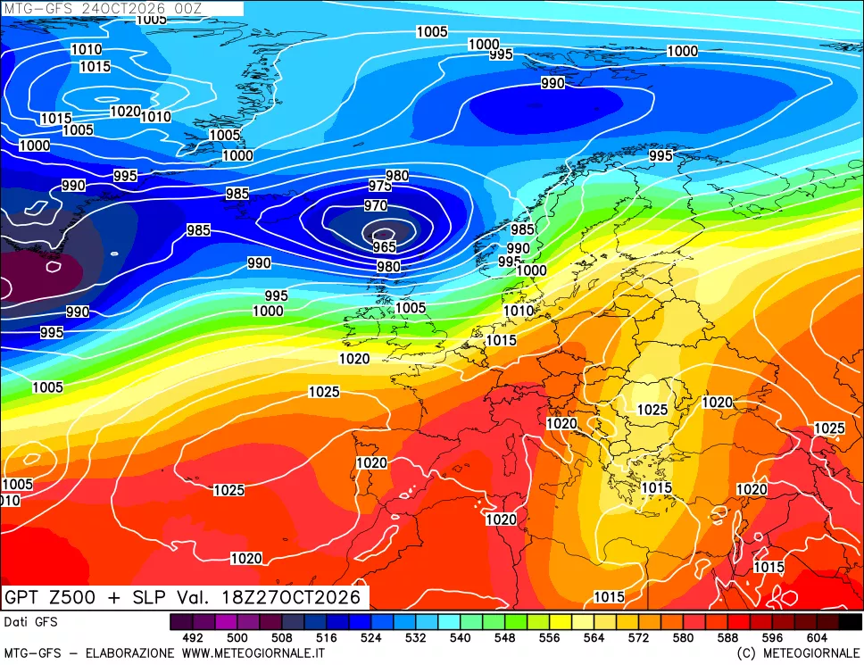 mappa GFS: Geopotenziale a 500 hPa + Pressione sul livello del mare