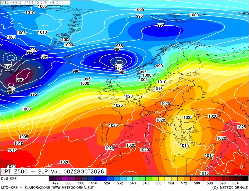 mappa GFS: Geopotenziale a 500 hPa + Pressione sul livello del mare