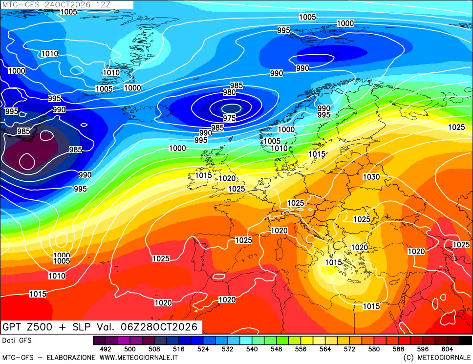 mappa GFS: Geopotenziale a 500 hPa + Pressione sul livello del mare