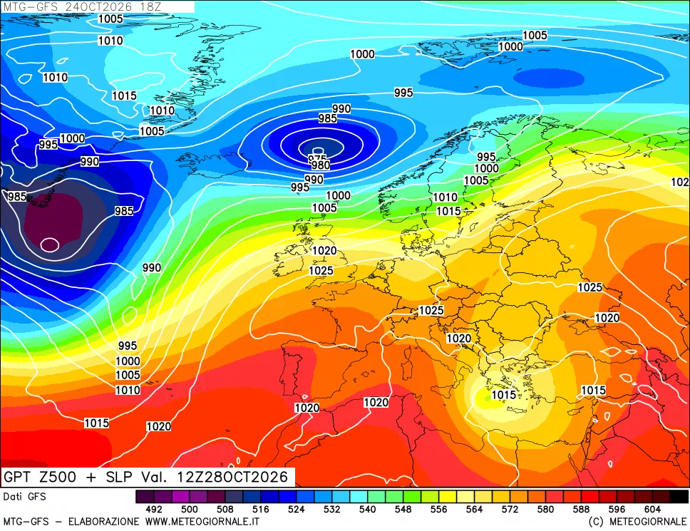 mappa GFS: Geopotenziale a 500 hPa + Pressione sul livello del mare