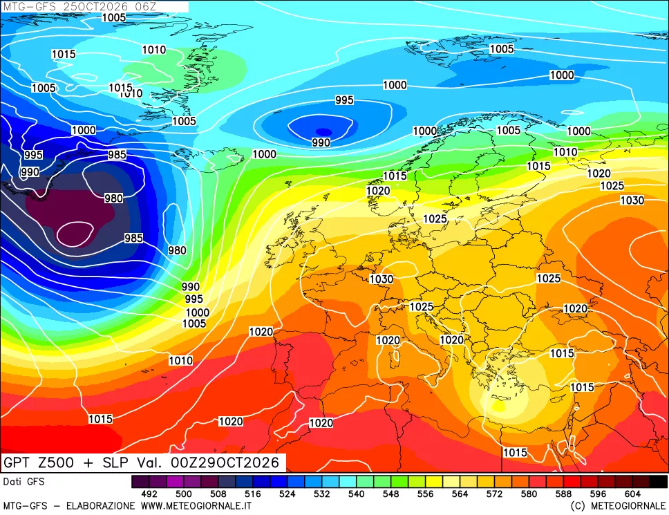 mappa GFS: Geopotenziale a 500 hPa + Pressione sul livello del mare