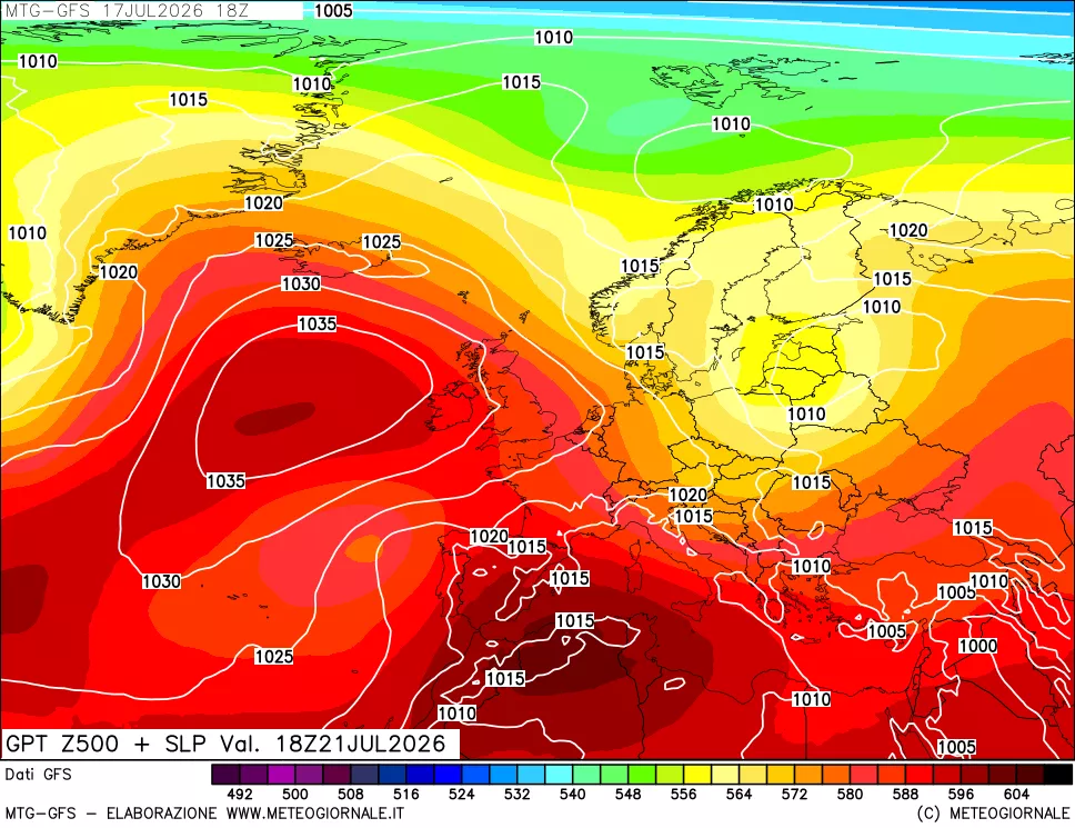 mappa GFS: Geopotenziale a 500 hPa + Pressione sul livello del mare