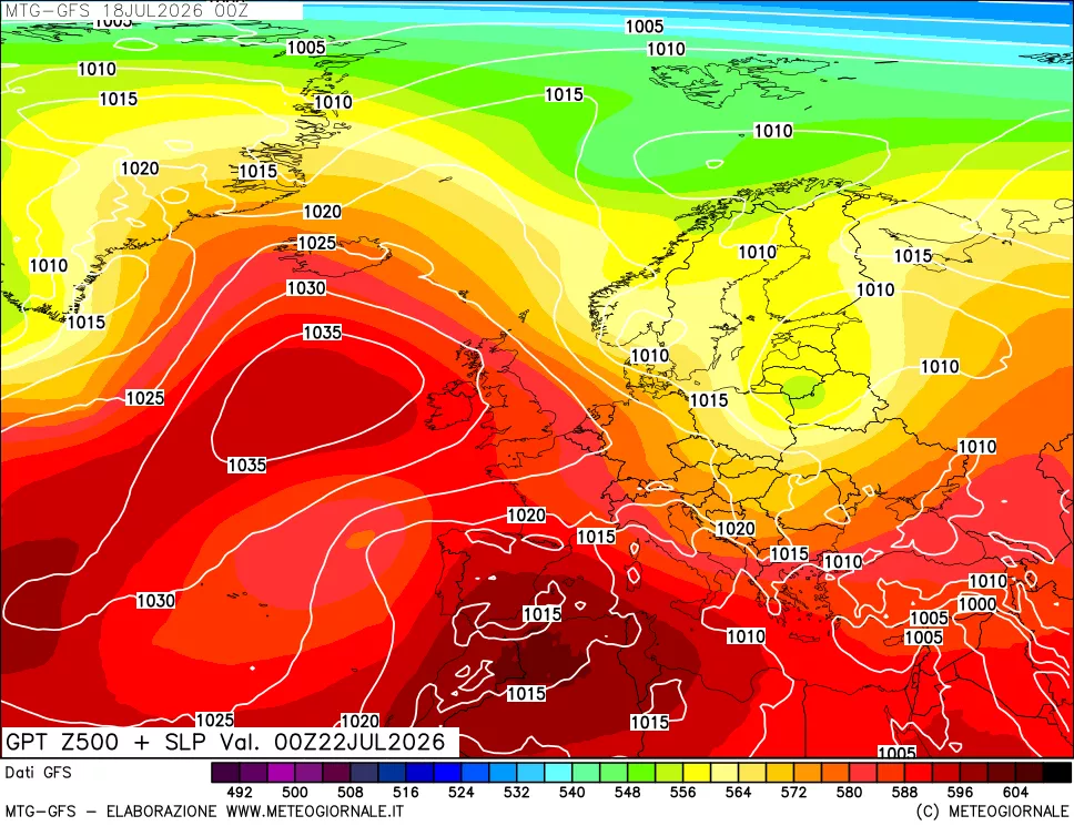 mappa GFS: Geopotenziale a 500 hPa + Pressione sul livello del mare