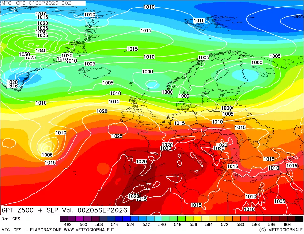 mappa GFS: Geopotenziale a 500 hPa + Pressione sul livello del mare