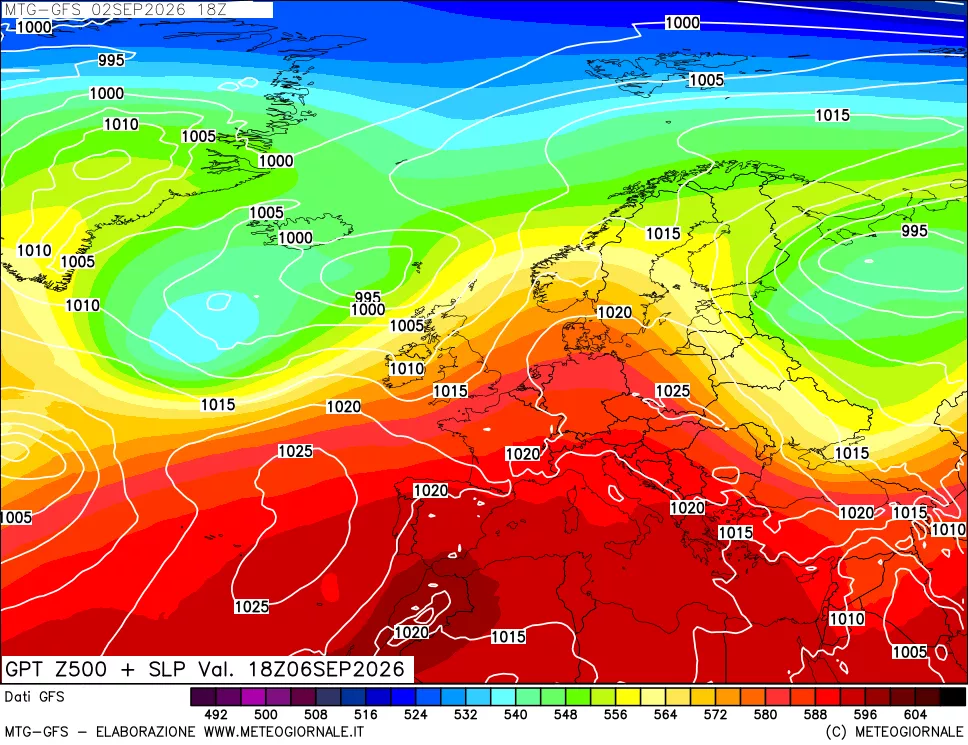 mappa GFS: Geopotenziale a 500 hPa + Pressione sul livello del mare