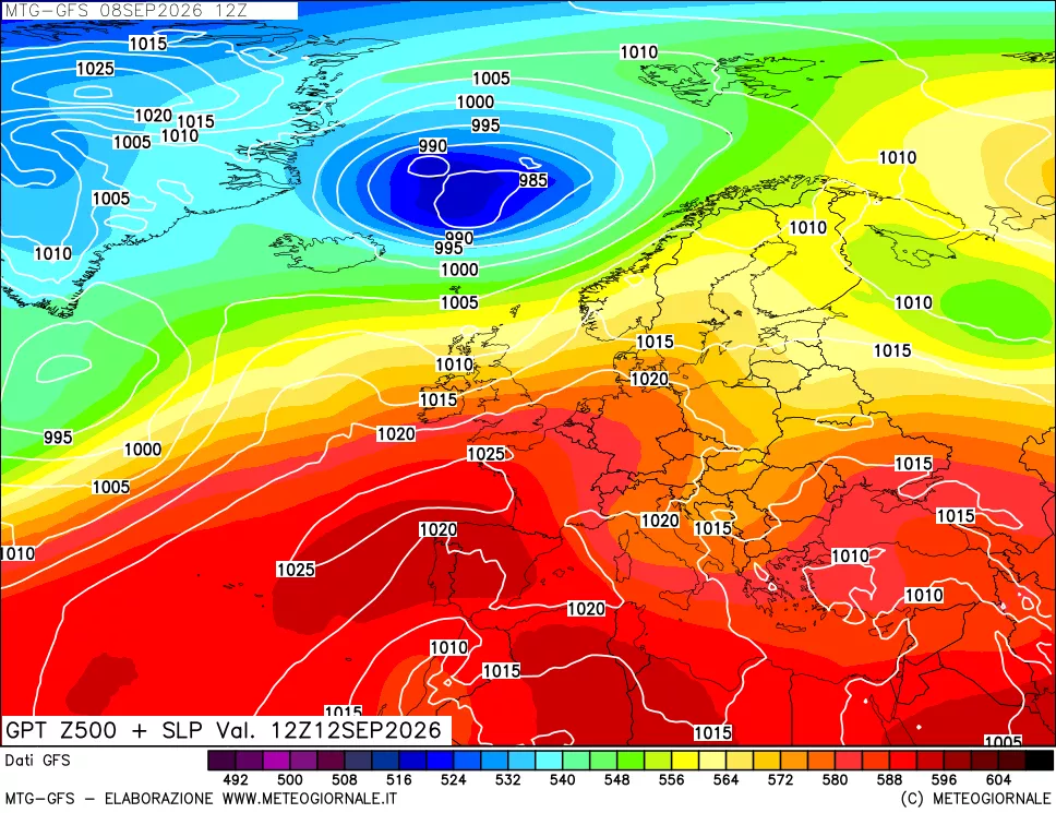 mappa GFS: Geopotenziale a 500 hPa + Pressione sul livello del mare