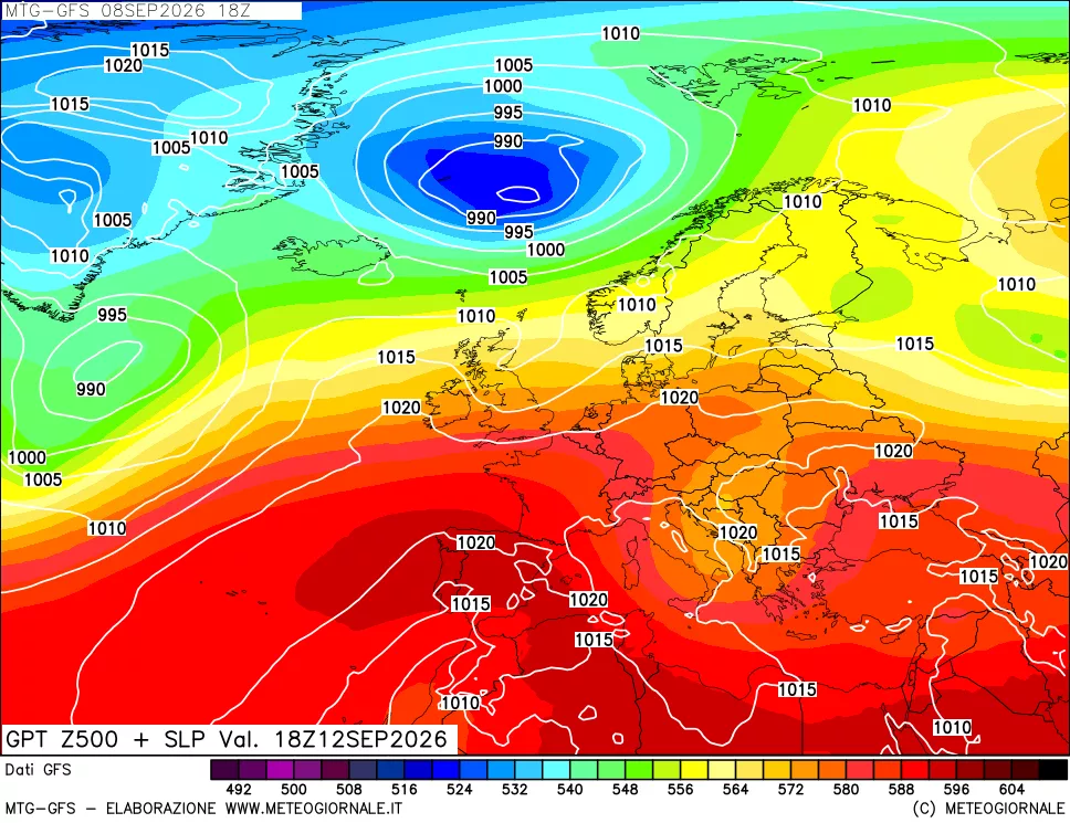 mappa GFS: Geopotenziale a 500 hPa + Pressione sul livello del mare