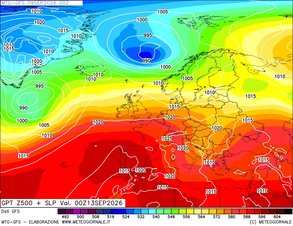 mappa GFS: Geopotenziale a 500 hPa + Pressione sul livello del mare