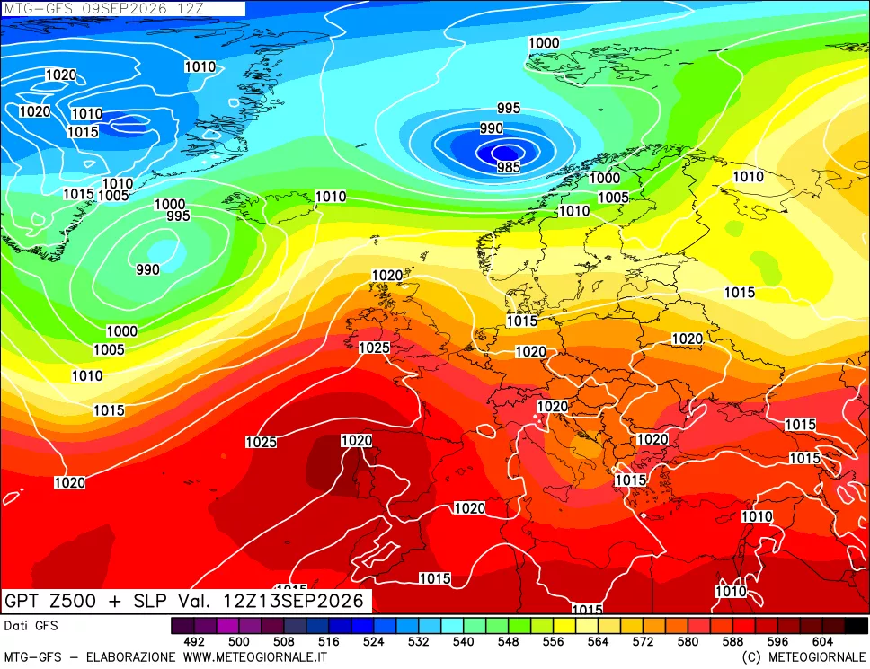 mappa GFS: Geopotenziale a 500 hPa + Pressione sul livello del mare