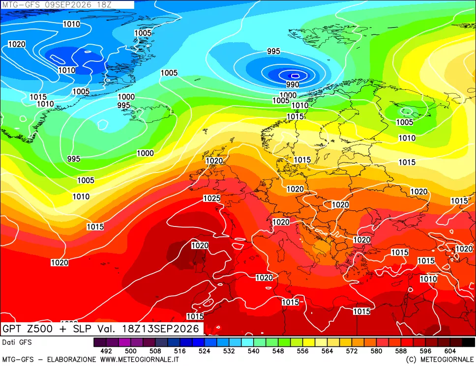 mappa GFS: Geopotenziale a 500 hPa + Pressione sul livello del mare