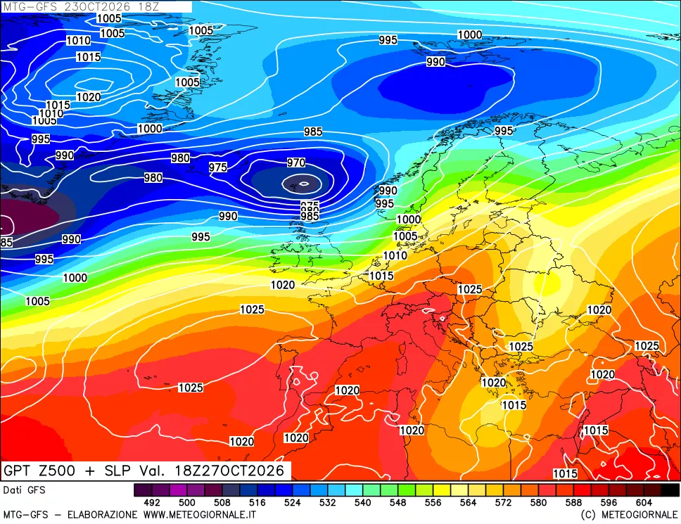 mappa GFS: Geopotenziale a 500 hPa + Pressione sul livello del mare