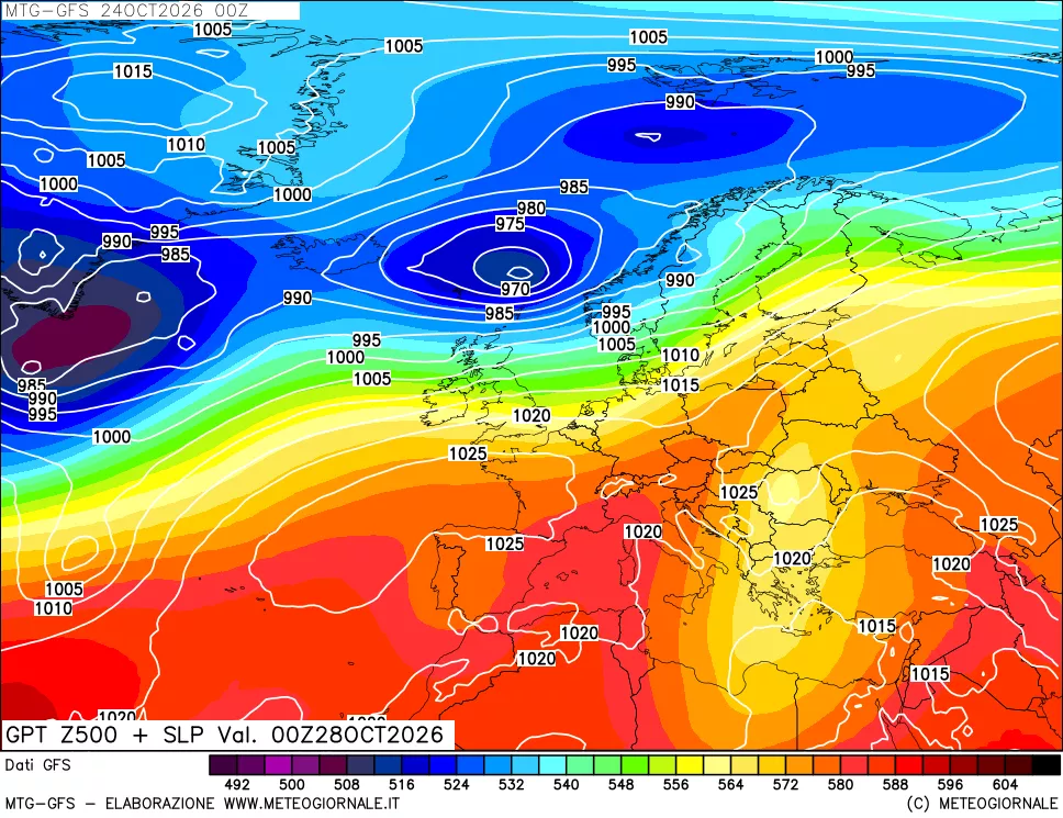 mappa GFS: Geopotenziale a 500 hPa + Pressione sul livello del mare