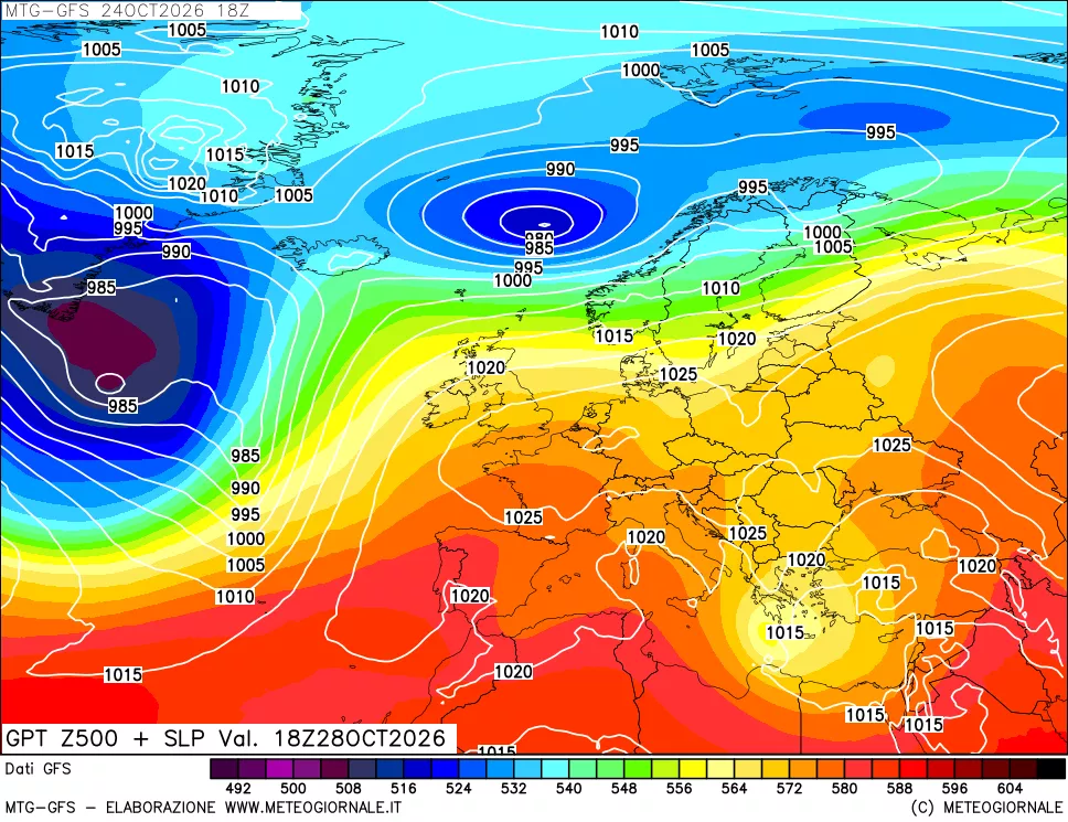 mappa GFS: Geopotenziale a 500 hPa + Pressione sul livello del mare