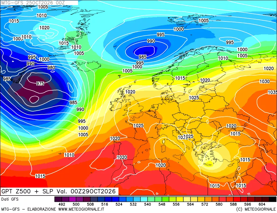 mappa GFS: Geopotenziale a 500 hPa + Pressione sul livello del mare