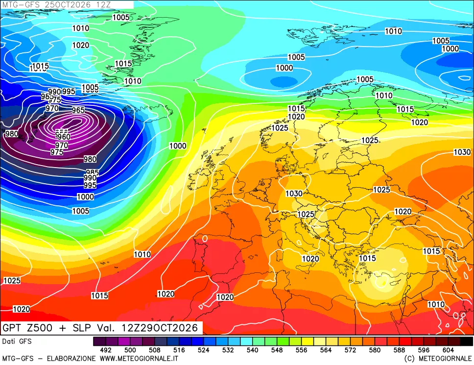 mappa GFS: Geopotenziale a 500 hPa + Pressione sul livello del mare