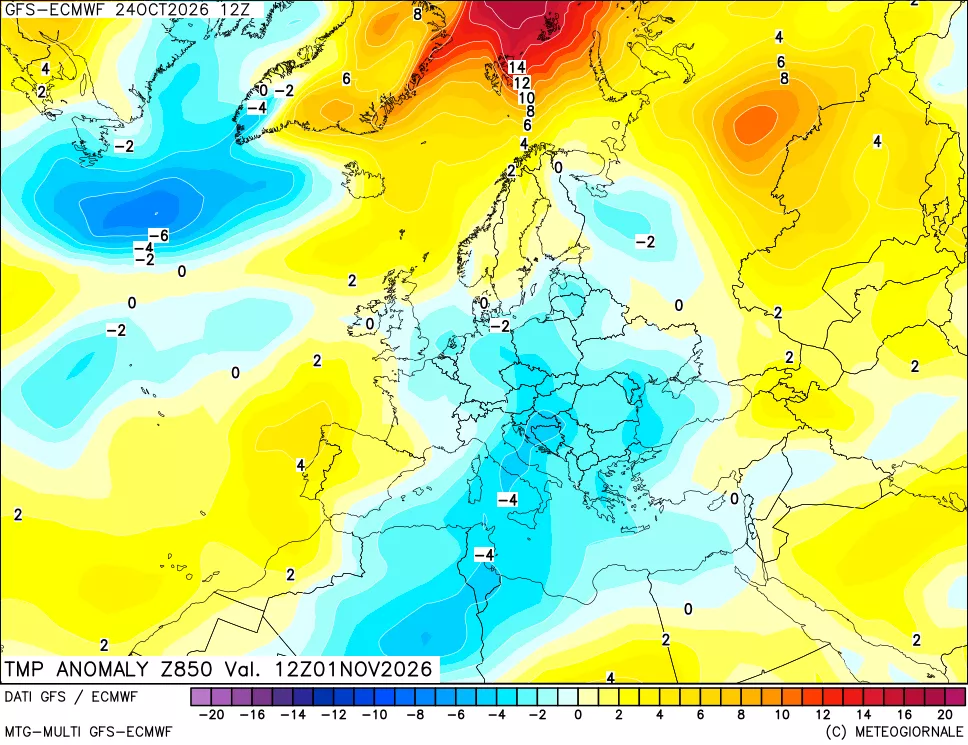 mappa 850 hPa Temp Anomaly vs Cli.No 1981-2010