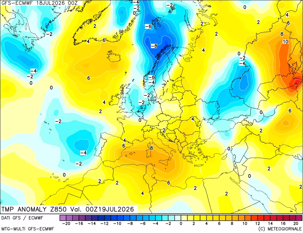 mappa 850 hPa Temp Anomaly vs Cli.No 1981-2010