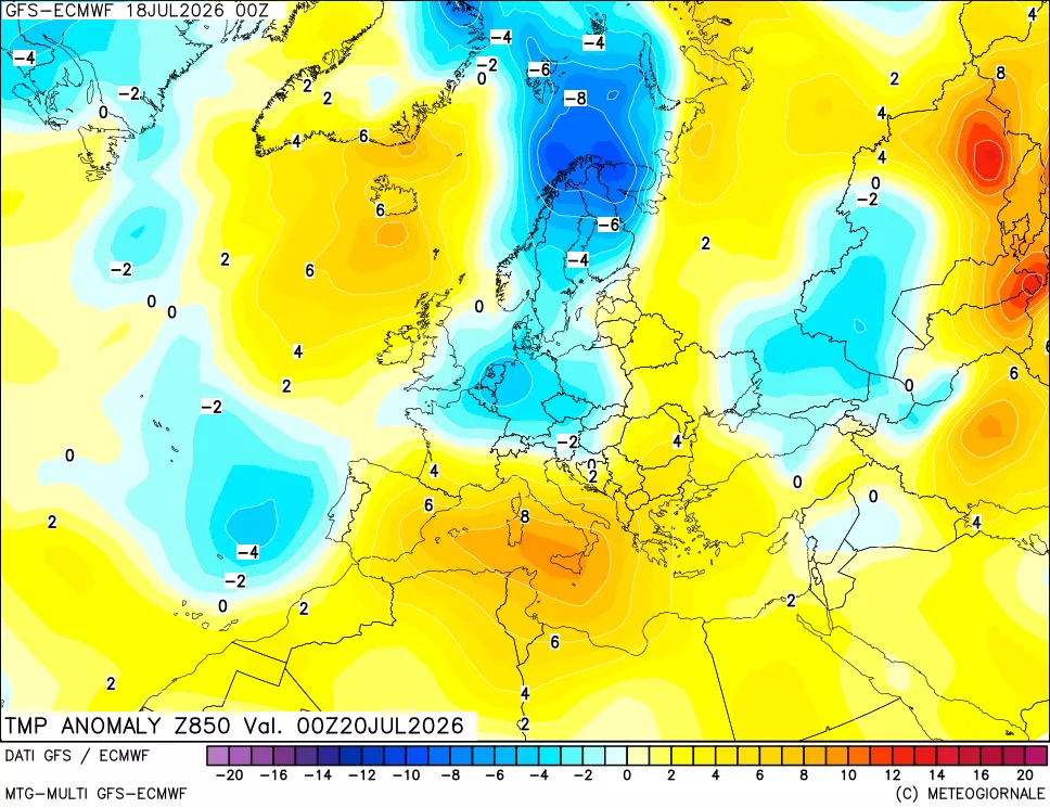 mappa 850 hPa Temp Anomaly vs Cli.No 1981-2010