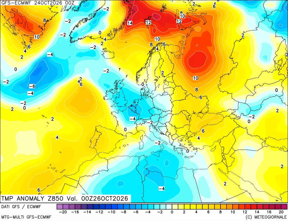 mappa 850 hPa Temp Anomaly vs Cli.No 1981-2010