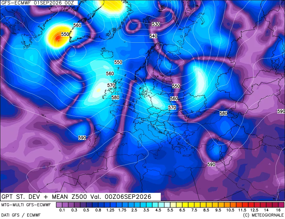 mappa Sigma (Dev. St.) Geopotenziali a 500 hPa