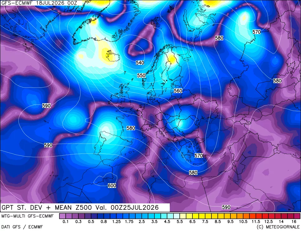 mappa Sigma (Dev. St.) Geopotenziali a 500 hPa