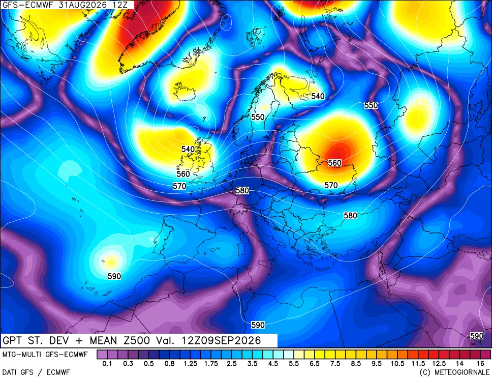 mappa Sigma (Dev. St.) Geopotenziali a 500 hPa