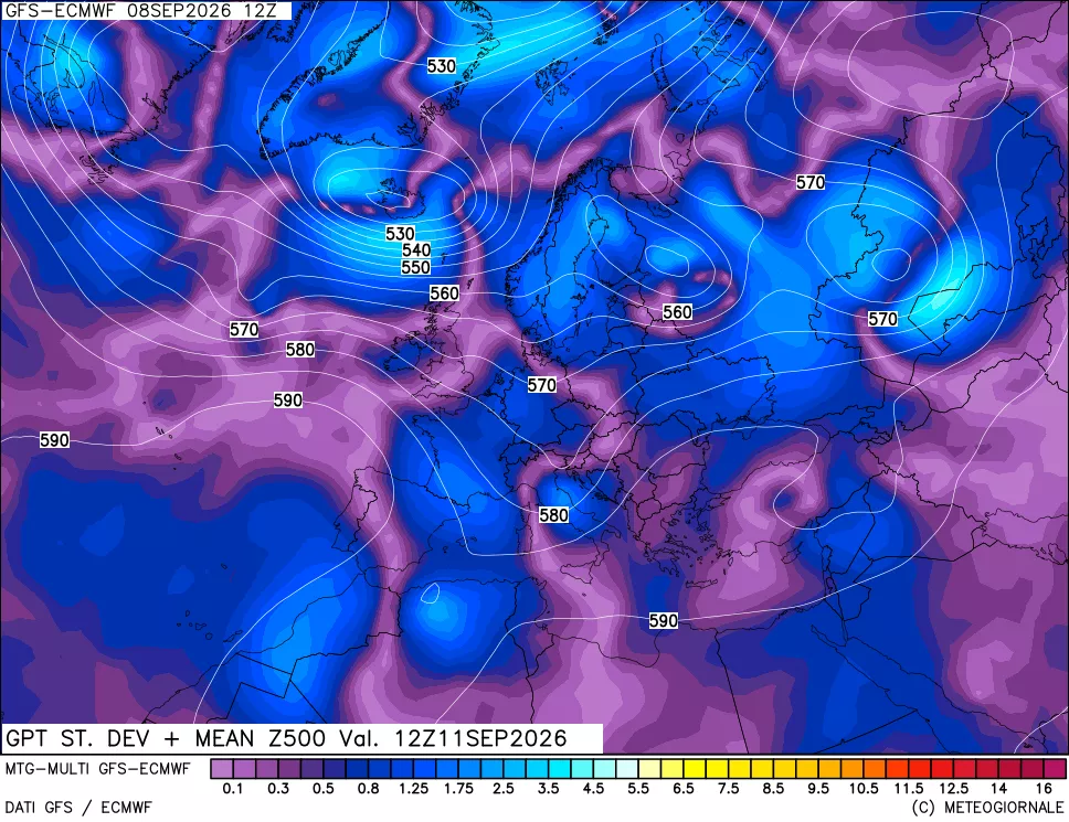 mappa Sigma (Dev. St.) Geopotenziali a 500 hPa