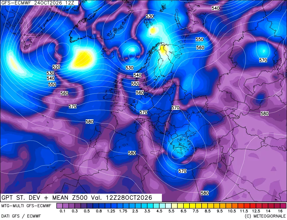 mappa Sigma (Dev. St.) Geopotenziali a 500 hPa