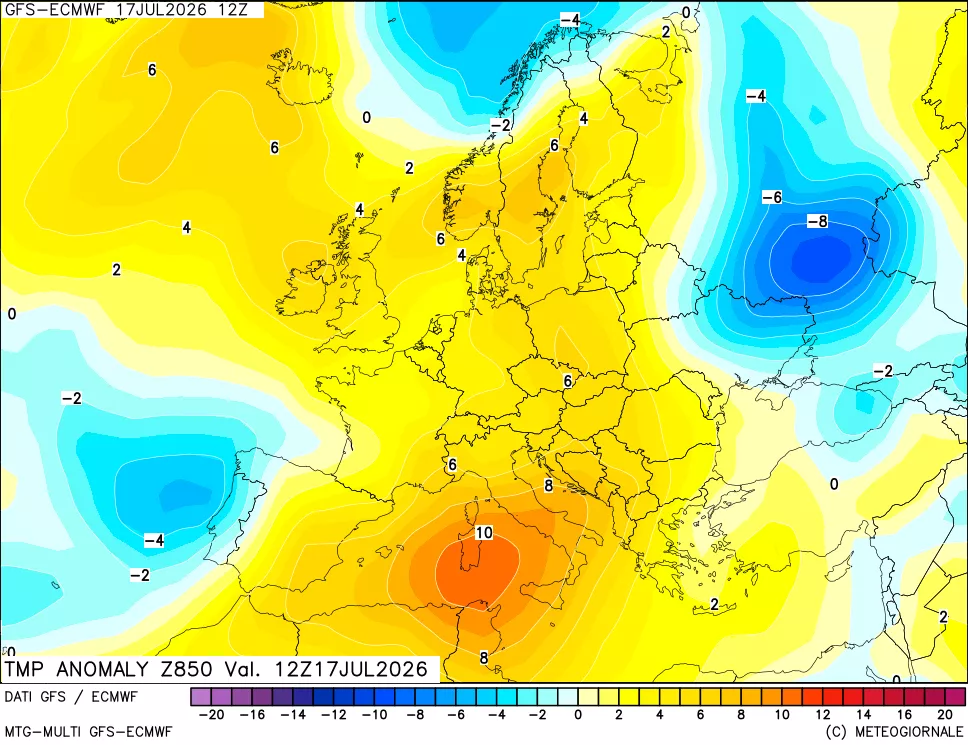 mappa 850 hPa Temp Anomaly vs Cli.No 1981-2010