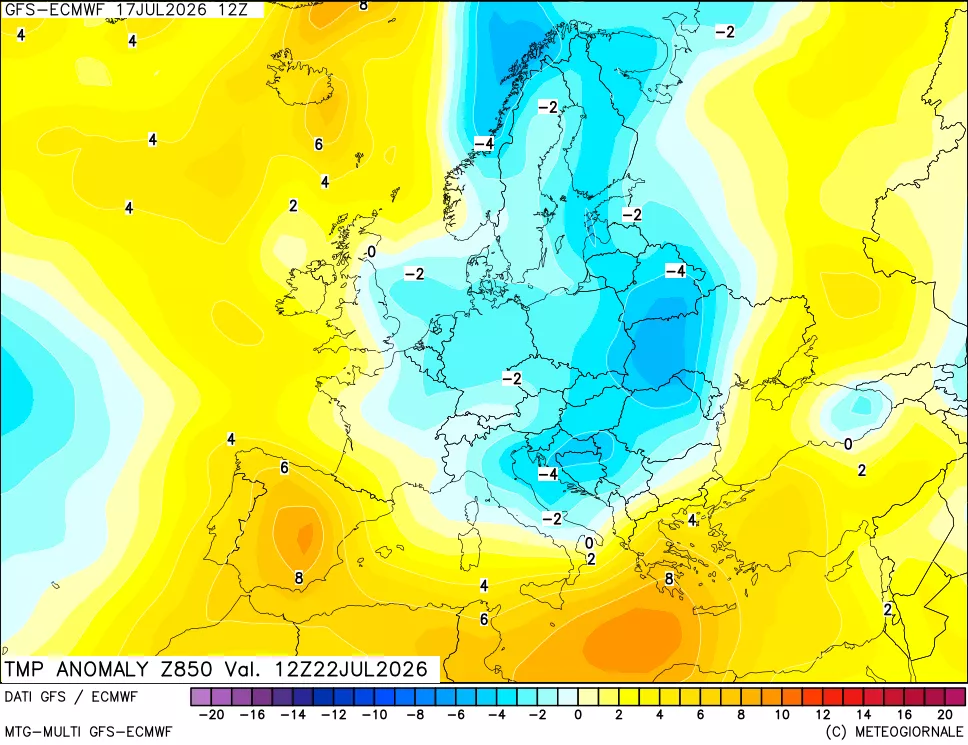 mappa 850 hPa Temp Anomaly vs Cli.No 1981-2010