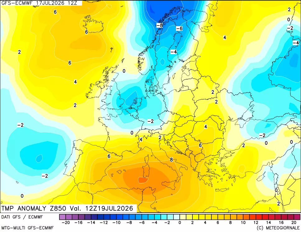 mappa 850 hPa Temp Anomaly vs Cli.No 1981-2010